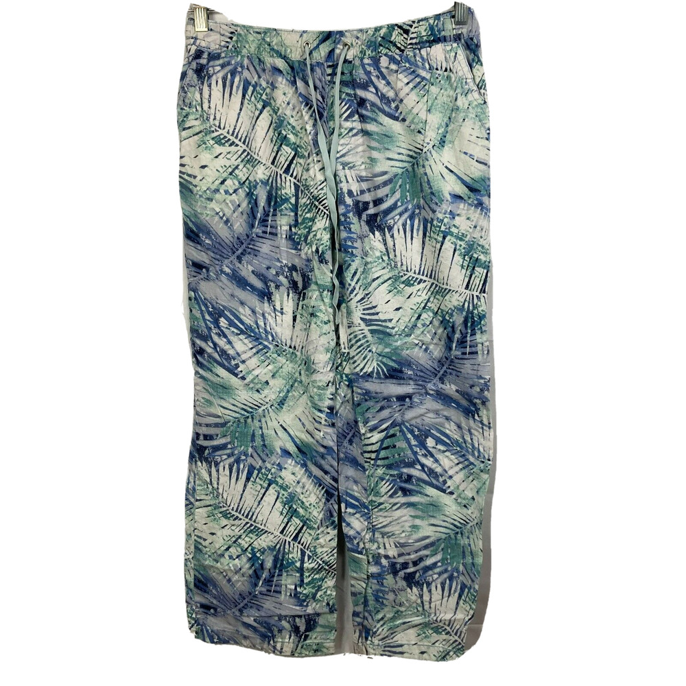 Bandolino Pants Womens Sz 8 Blue White Linen Tropical Frida Pull On Drawstring